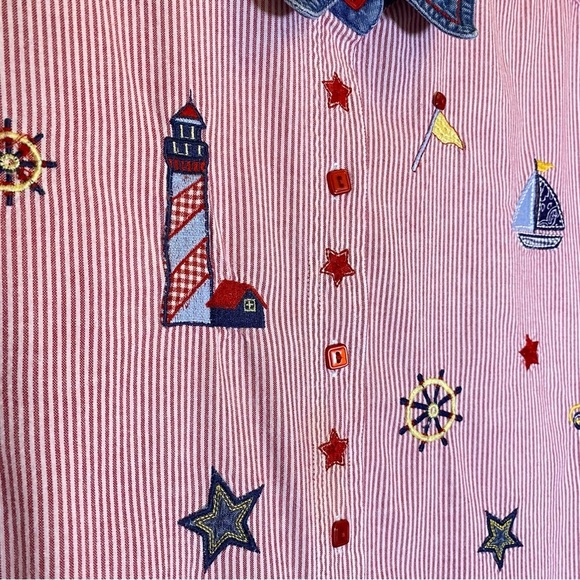 Bobbie Brooks Woman Plus size 26-28W Nautical red white stripe Embroidered Shirt - Picture 4 of 6